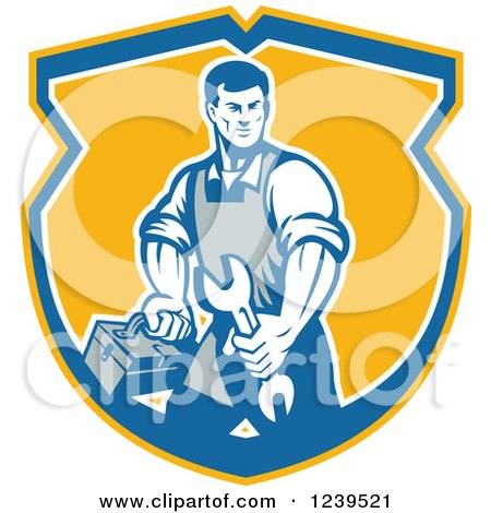 Clipart of a Retro Repair Man Carrying a Wrench and Tool Box in a Shield - Royalty Free Vector Illustration by patrimonio