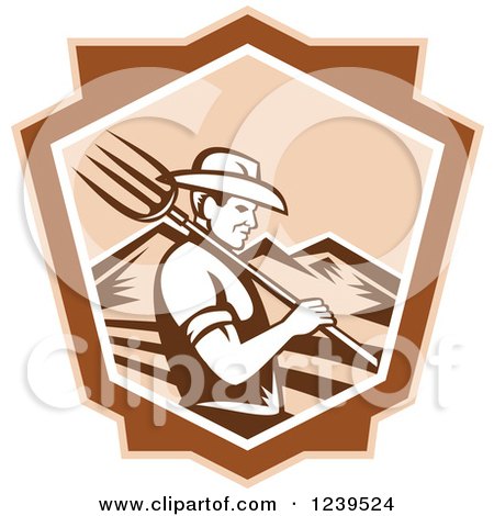 Clipart of a Retro Woodcut Male Farmer with a Pitchfork and Mountains in a Shield - Royalty Free Vector Illustration by patrimonio