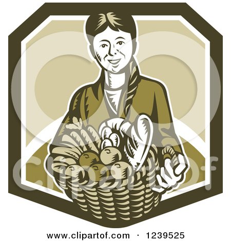Clipart of a Retro Woodcut Woman Holding a Basket of Harvest Foods and Bread - Royalty Free Vector Illustration by patrimonio