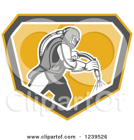 Clipart of a Retro Sandblaster Working in a Shield - Royalty Free Vector Illustration by patrimonio