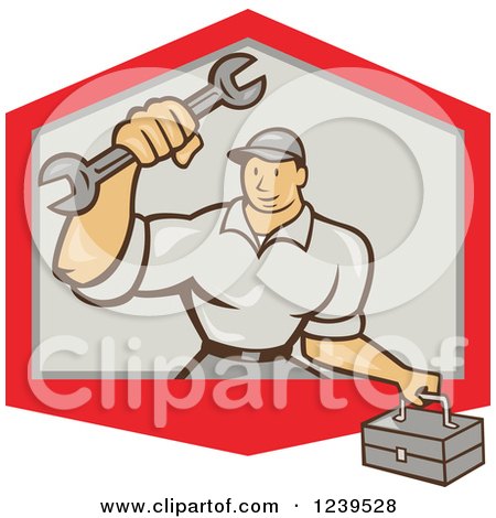Clipart of a Cartoon Handy Man with a Wrench and Tool Box in Shield - Royalty Free Vector Illustration by patrimonio