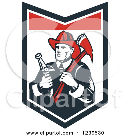 Clipart of a Retro Woodcut Fireman Holding an Axe and Hose in a Shield - Royalty Free Vector Illustration by patrimonio