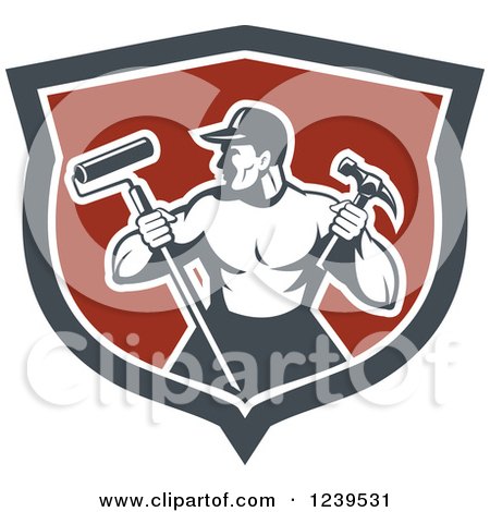 Clipart of a Retro Strong Male Painter or Handy Man in a Shield - Royalty Free Vector Illustration by patrimonio