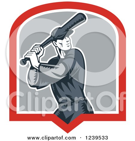 Clipart of a Retro Woodcut Baseball Player Batter in a Shield - Royalty Free Vector Illustration by patrimonio