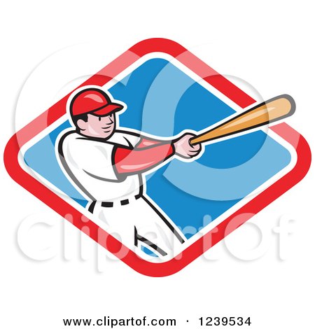 Clipart of a Cartoon Baseball Player Batter Swinging in a Red White and Blue Diamond - Royalty Free Vector Illustration by patrimonio
