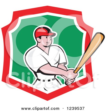 Clipart of a Cartoon Baseball Player Batter Swinging in a Red White and Green Shield - Royalty Free Vector Illustration by patrimonio