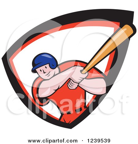 Clipart of a Cartoon Baseball Player Batter Swinging in a Red White and Black Shield - Royalty Free Vector Illustration by patrimonio