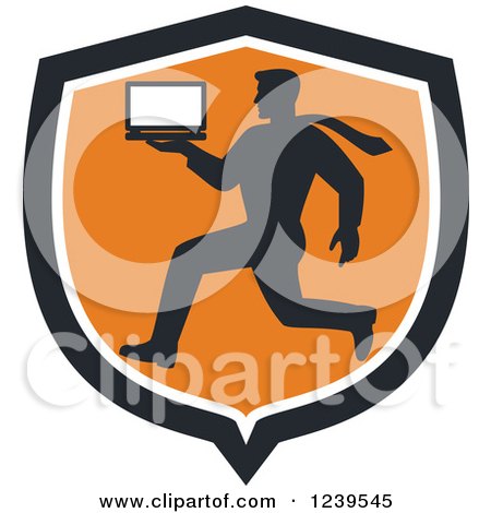 Clipart of a Silhoutted Computer Repair Man Running with a Laptop in an Orange Shield - Royalty Free Vector Illustration by patrimonio