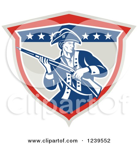Clipart of an American Patriot Soldier with a Musket in a Shield - Royalty Free Vector Illustration by patrimonio