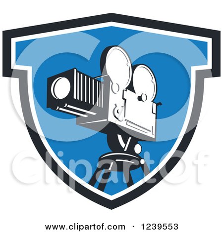 Clipart of a Retro Movie Camera in a Blue Shield - Royalty Free Vector Illustration by patrimonio
