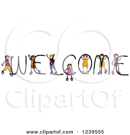 Clipart of Diverse Stick Kids Playing on the Word WELCOME - Royalty Free Vector Illustration by BNP Design Studio