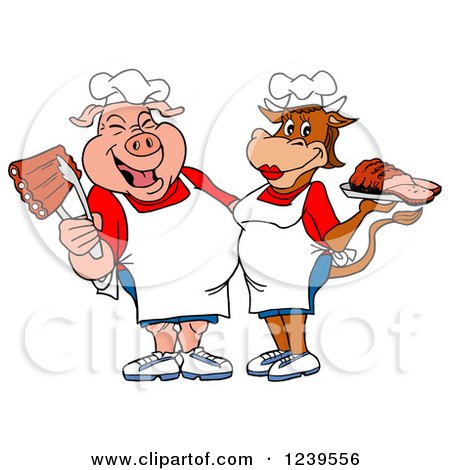 Clipart of a Male Chef Pig Holding Ribs and Female Chef Cow Holding Brisket - Royalty Free Vector Illustration by LaffToon