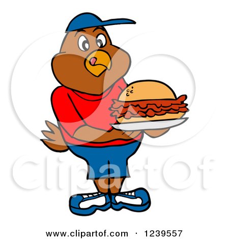 Clipart of a Hungry Boy Chicken Holding a Pulled Pork Sandwich - Royalty Free Vector Illustration by LaffToon