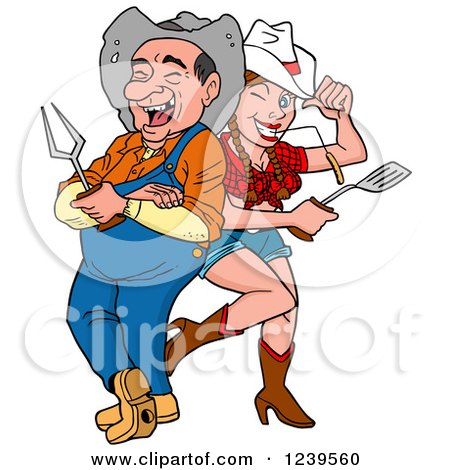 Clipart of an Old Country Hick Man and Young Cowgirl with a Bbq Fork and Spatula - Royalty Free Vector Illustration by LaffToon