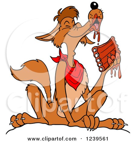 Clipart of a Coyote Wearing a Bib and Eating Saucy Bbq Ribs - Royalty Free Vector Illustration by LaffToon