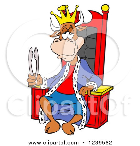 Clipart of a Bbq King Cow Bull with Tongs, Sitting on a Throne - Royalty Free Vector Illustration by LaffToon