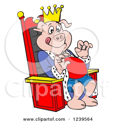 Clipart of a Hungry Bbq King Pig Sitting on a Throne - Royalty Free Vector Illustration by LaffToon