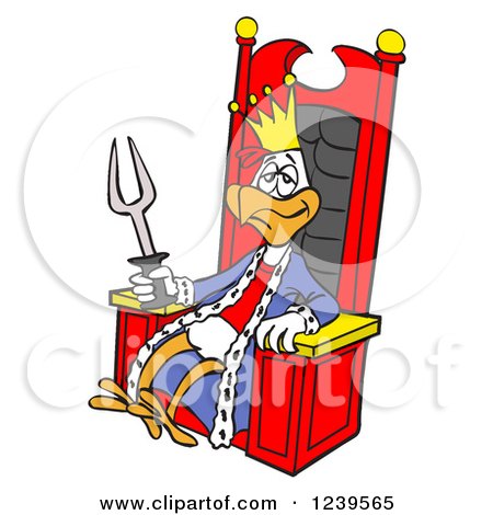 Clipart of a Bbq King Chicken with a Fork, Sitting on a Throne - Royalty Free Vector Illustration by LaffToon