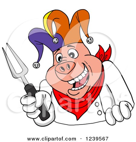 Clipart of a Joker Pig Chef Holding a Bbq Fork - Royalty Free Vector Illustration by LaffToon