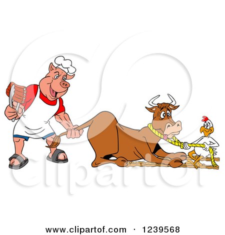 Clipart of a Chef Pig Holding Ribs and Pulling the Tail of a Cow While a Chicken Holds a Rope - Royalty Free Vector Illustration by LaffToon
