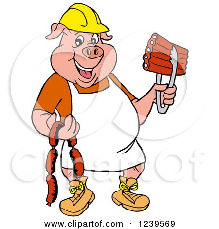 Clipart of a Chef Pig Wearing a Hardhat and Apron, Holding Sausage and Bbq Ribs - Royalty Free Vector Illustration by LaffToon