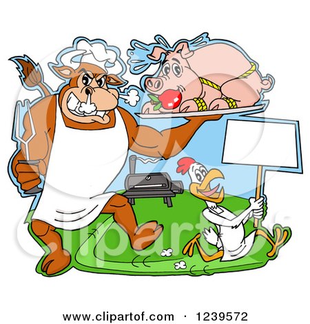 Clipart of a Chef Bull Holding a Stuffed Pig on a Platter over a Chicken with a Sign by a Bbq Grill - Royalty Free Vector Illustration by LaffToon
