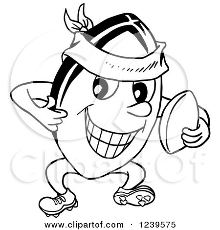 Clipart of a Black and White Happy Rugby Ball Mascot Holding a Thumb up - Royalty Free Vector Illustration by LaffToon