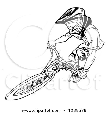 Clipart of a Black and White Extreme Bike Rider Catching Air - Royalty Free Vector Illustration by LaffToon