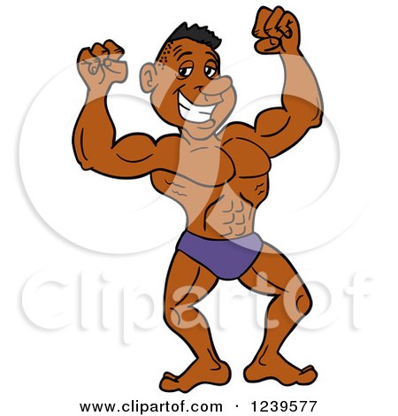 Clipart of an African American Bodybuilder Muscle Man Flexing - Royalty Free Vector Illustration by LaffToon