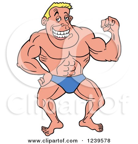 Clipart of a Caucasian Bodybuilder Muscle Man Flexing His Bicep - Royalty Free Vector Illustration by LaffToon