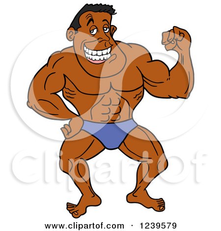 Clipart of an African American Bodybuilder Muscle Man Flexing a Bicep - Royalty Free Vector Illustration by LaffToon