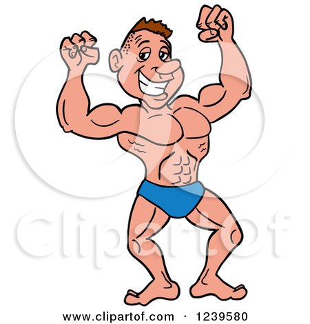 Clipart of a Caucasian Bodybuilder Muscle Man Flexing - Royalty Free Vector Illustration by LaffToon