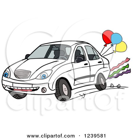 Clipart of a Car Character Driving with Party Balloons and Streamers - Royalty Free Vector Illustration by LaffToon