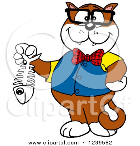 Clipart of a Bespectacled Cat Holding a Fishbone - Royalty Free Vector Illustration by LaffToon