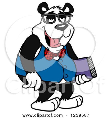 Clipart of a Bespectacled Geek Panda Holding a Book - Royalty Free Vector Illustration by LaffToon