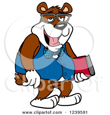 Clipart of a Bespectacled Geek Bear Holding a Book - Royalty Free Vector Illustration by LaffToon