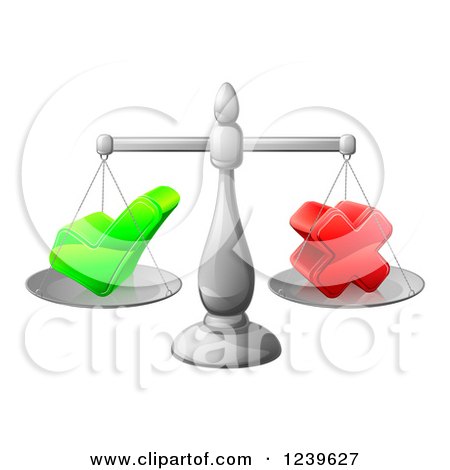 Clipart of a 3d Scales Weighing a Decision Check Mark and X Cross - Royalty Free Vector Illustration by AtStockIllustration