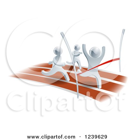 Clipart of a 3d Silver Man Winning a Race - Royalty Free Vector Illustration by AtStockIllustration