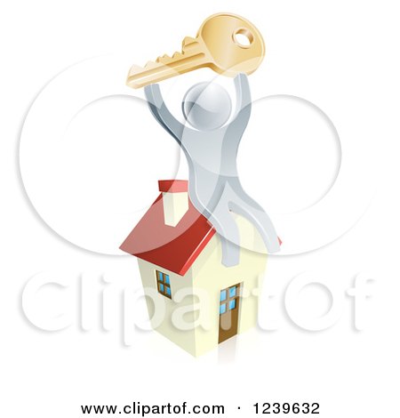 Clipart of a 3d Silver Man Holding up a Key on Top of a House - Royalty Free Vector Illustration by AtStockIllustration