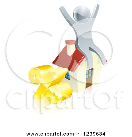Clipart of a 3d Silver Man Cheering on a House by a Percent Symbol - Royalty Free Vector Illustration by AtStockIllustration