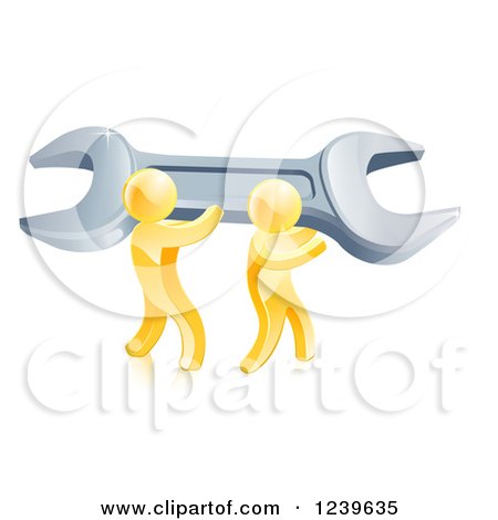 Clipart of a 3d Team of Gold Men Carrying a Giant Spanner Wrench - Royalty Free Vector Illustration by AtStockIllustration