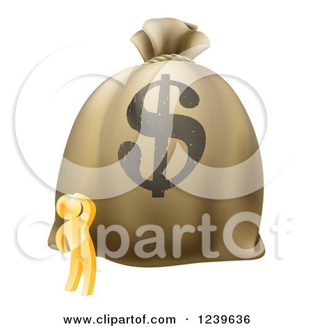 Clipart of a 3d Gold Man Looking up at a Big Dollar Money Bag - Royalty Free Vector Illustration by AtStockIllustration