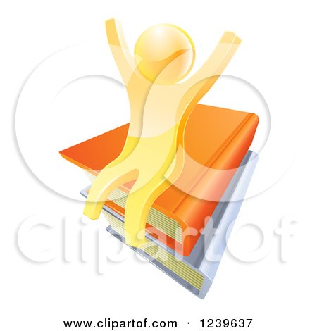 Clipart of a 3d Cheering Gold Man Sitting on a Stack of Books - Royalty Free Vector Illustration by AtStockIllustration