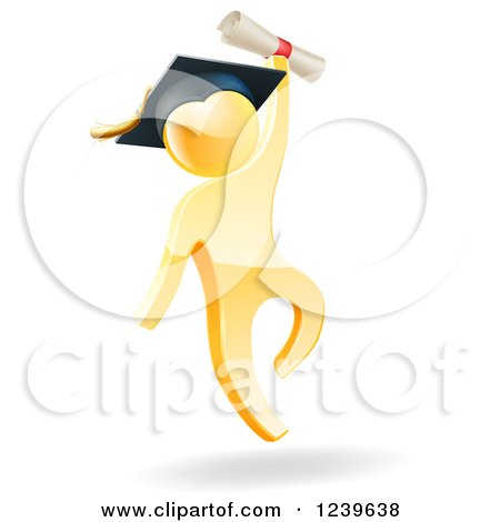 Clipart of a 3d Gold Man Graduate Jumping with a Diploma - Royalty Free Vector Illustration by AtStockIllustration