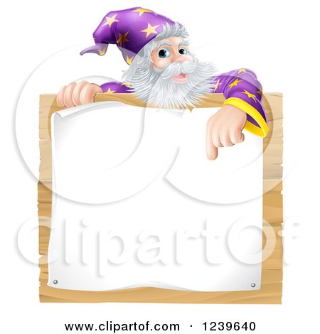 Clipart of a Senior Wizard Pointing down to a Posted Notice Sign - Royalty Free Vector Illustration by AtStockIllustration