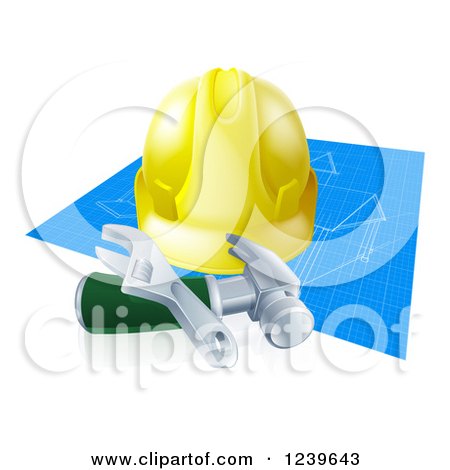 Clipart of a 3d Builder Hardhat and Tools over Blueprints - Royalty Free Vector Illustration by AtStockIllustration