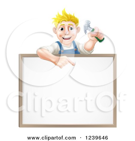 Clipart of a Happy Blond Worker Man Holding a Hammer and Pointing down at a White Board Sign - Royalty Free Vector Illustration by AtStockIllustration