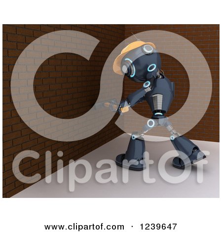 Clipart of a 3d Blue Android Robot Ready to Demolish a Brich Wall - Royalty Free CGI Illustration by KJ Pargeter