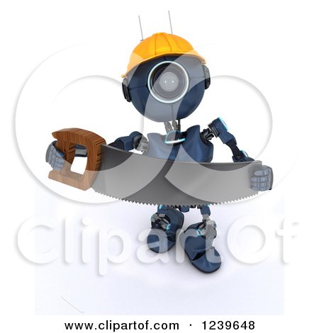 Clipart of a 3d Blue Android Construction Robot with a Saw - Royalty Free CGI Illustration by KJ Pargeter