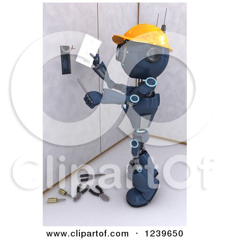 Clipart of a 3d Blue Android Construction Robot Installing an Electrical Socket 2 - Royalty Free CGI Illustration by KJ Pargeter